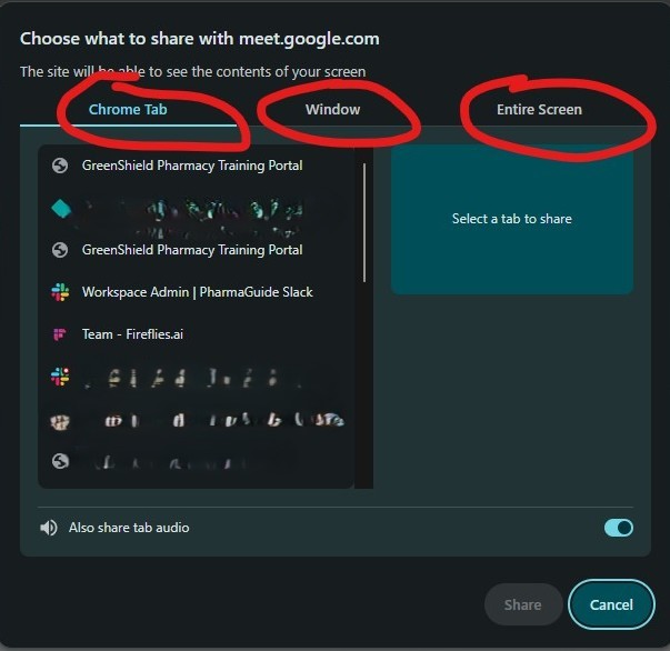 Screen sharing options